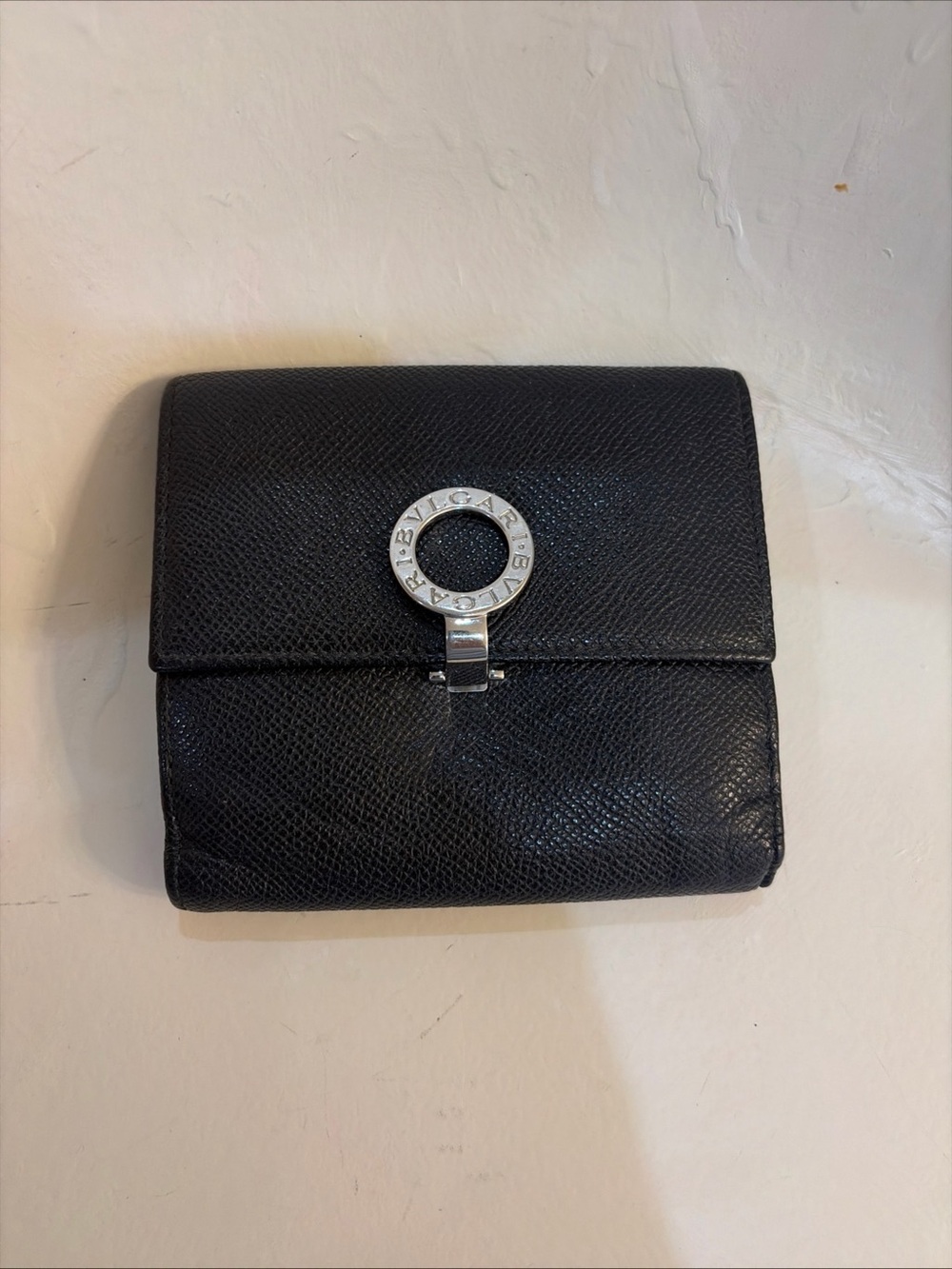 Bvlgari Black Textured Leather Compact Wallet Bifold Unisex
